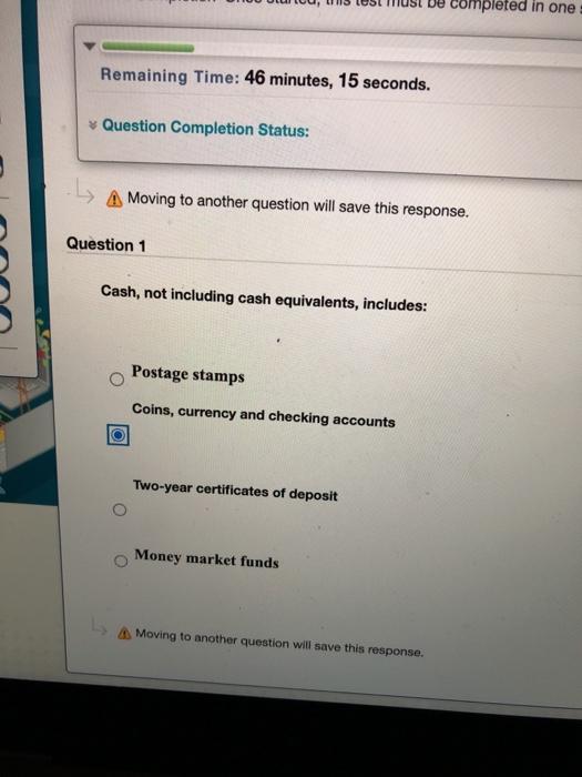  completed in one Remaining Time: 46 minutes, 15 seconds. Question Completion