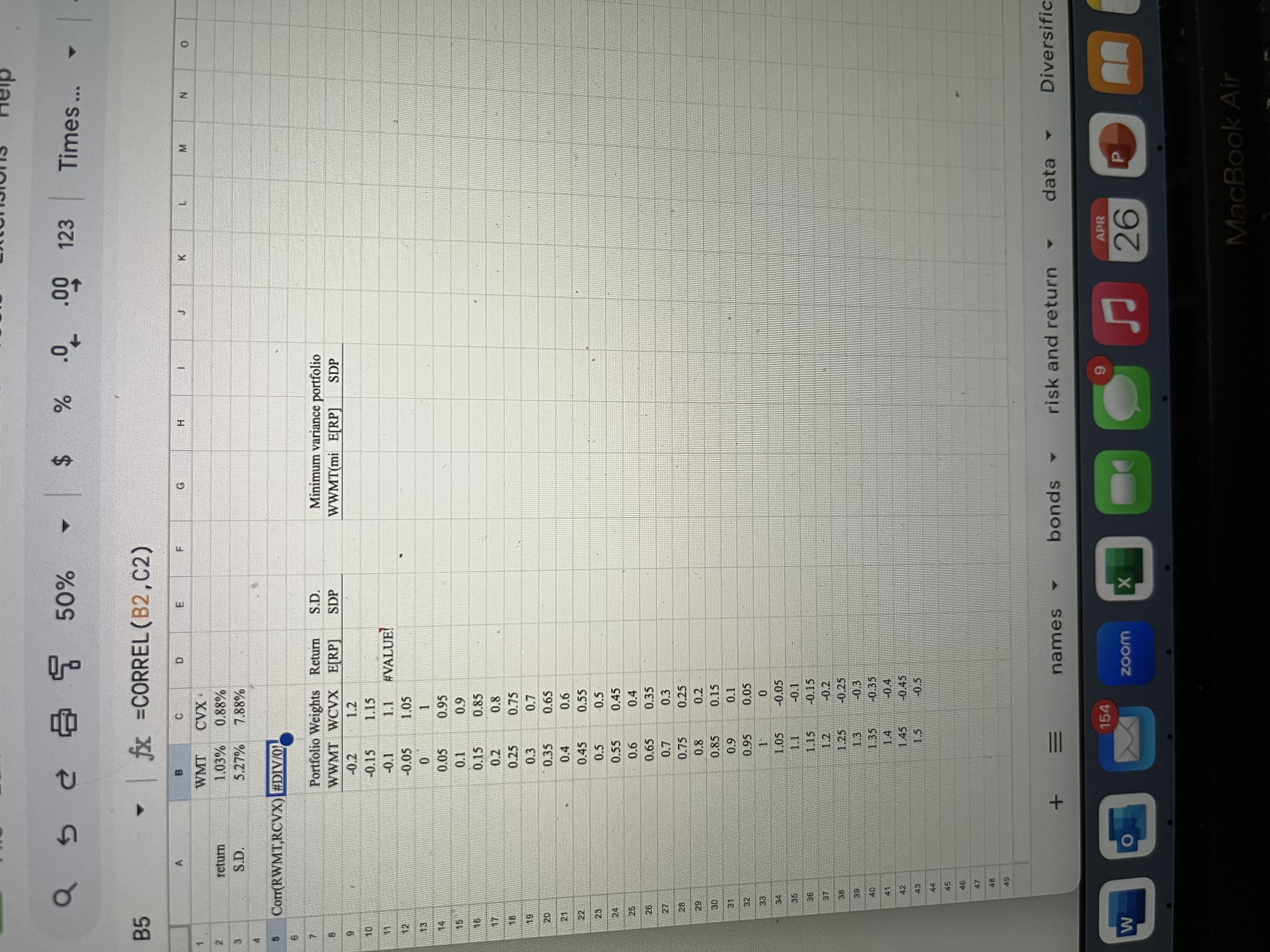  Question 5: efficient frontier Referencing the cells in the "diversification" sheet,