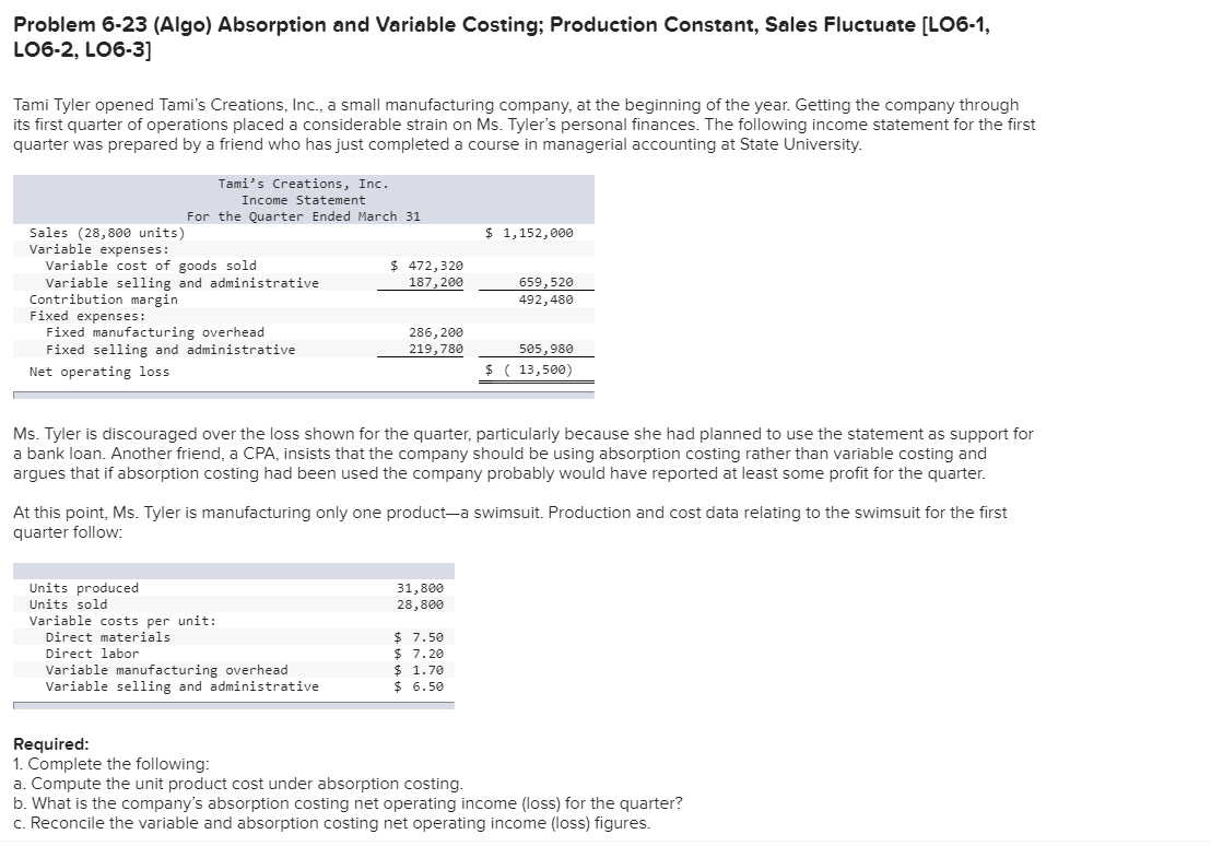Problem 6-23 (Algo) Absorption and Variable Costing; Production Constant, Sales Fluctuate