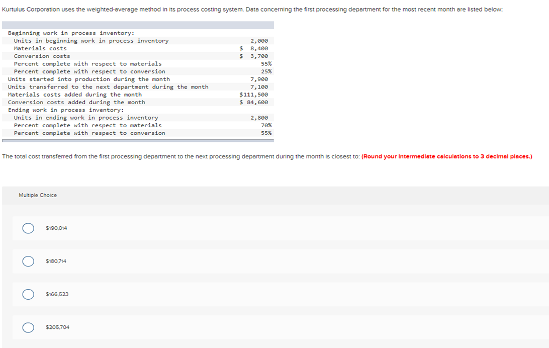 Kurtulus Corporation uses the weighted average method in its process costing