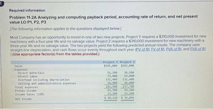  Required information Problem 11-2A Analyzing and computing payback period, accounting rate