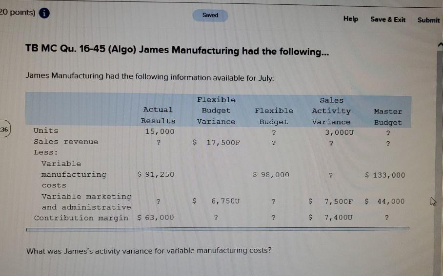  20 points) Saved Help Save & Exit Submit TB MC Qu.