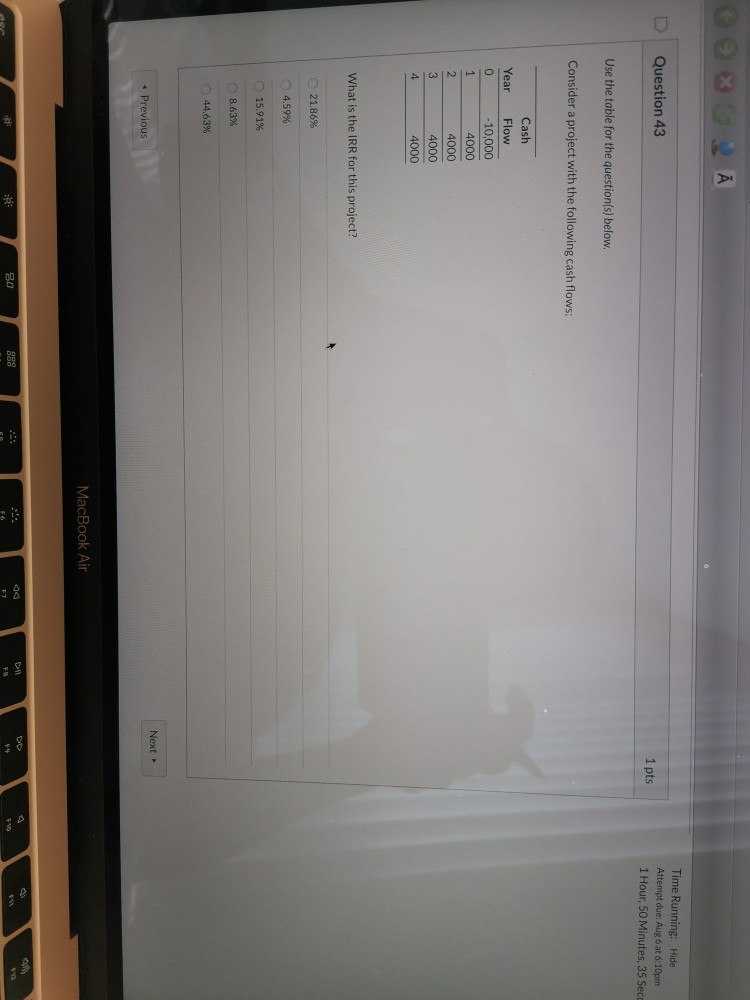  Question 43 Time Running: Hide Attempt due: Aug 6 at 6:10pm