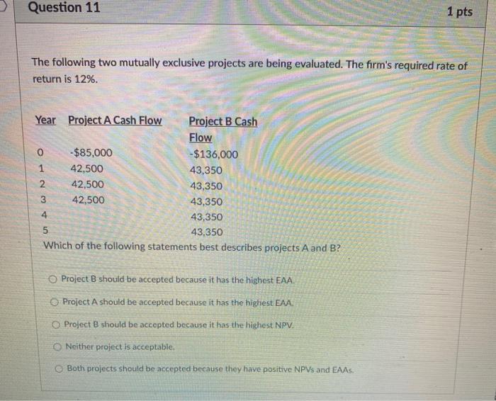  Question 11 1 pts The following two mutually exclusive projects are