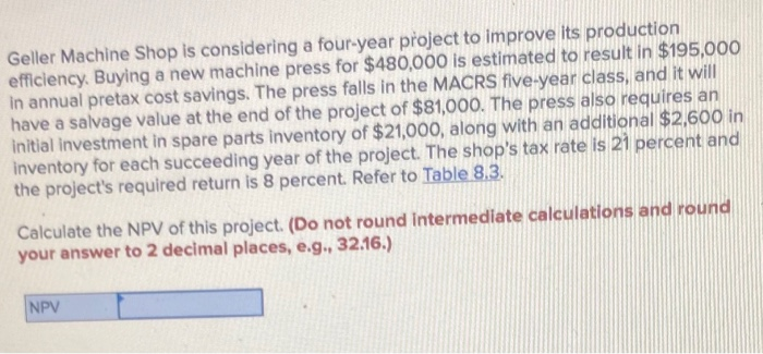  Geller Machine Shop is considering a four-year project to improve its