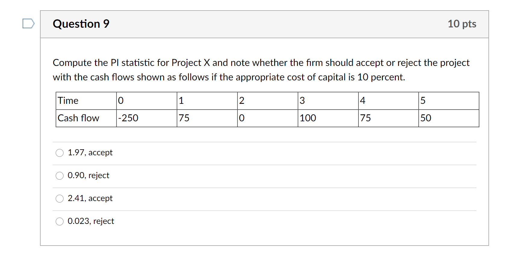Question 9 10 pts Compute the PI statistic for Project X