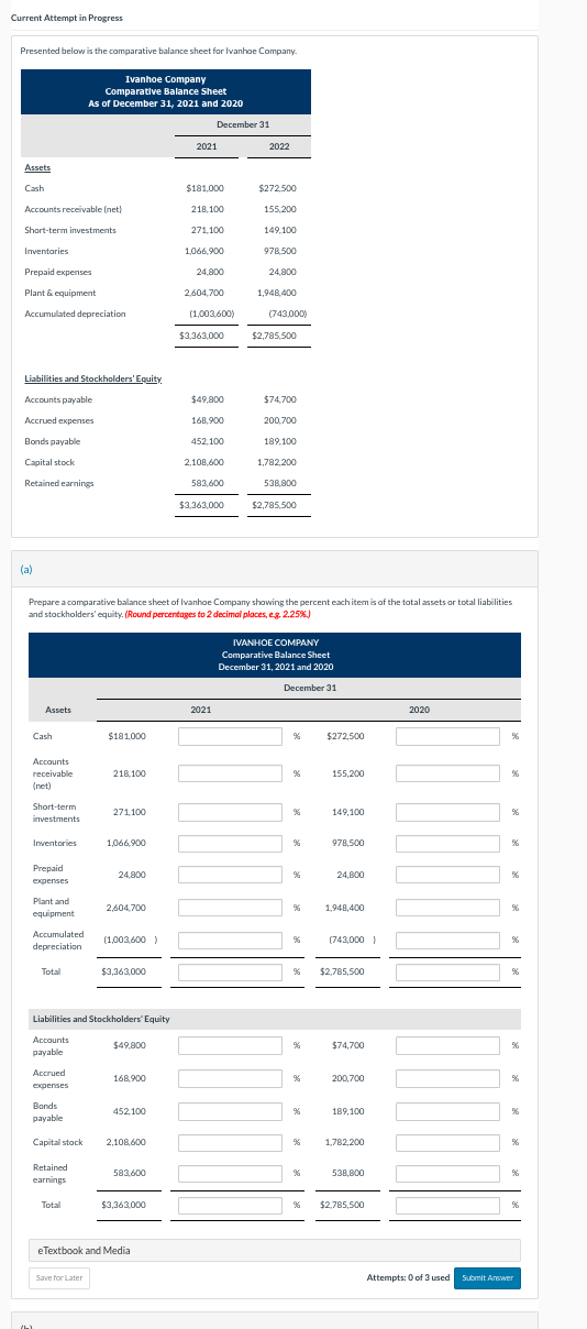  Current Attempt in Progress Presented below is the comparative balance sheet