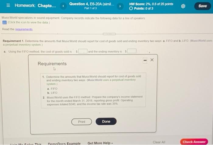  Save Homework: Chapte... Question 4, E6-20A (simil... HW Score: 2%, 0.5