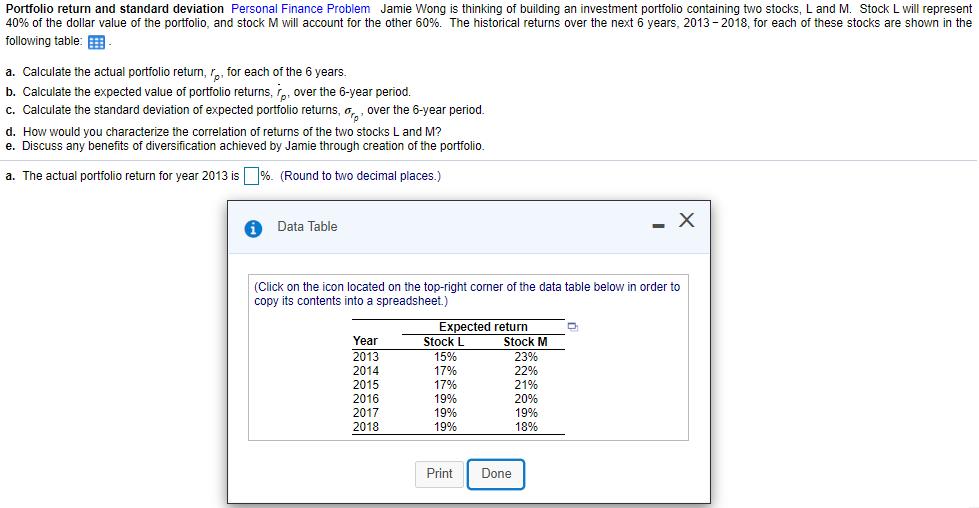 Portfolio return and standard deviation Personal Finance Problem Jamie Wong is