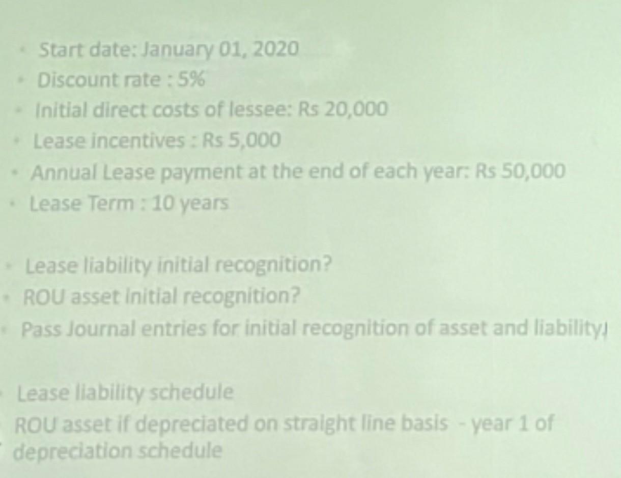  Start date: January 01, 2020 Discount rate : 5% Initial direct