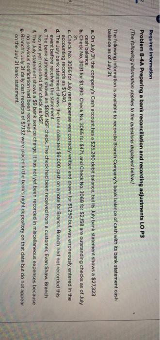 required information: journal entries: Required Information Problem 8-4A Preparing a bank reconciliation