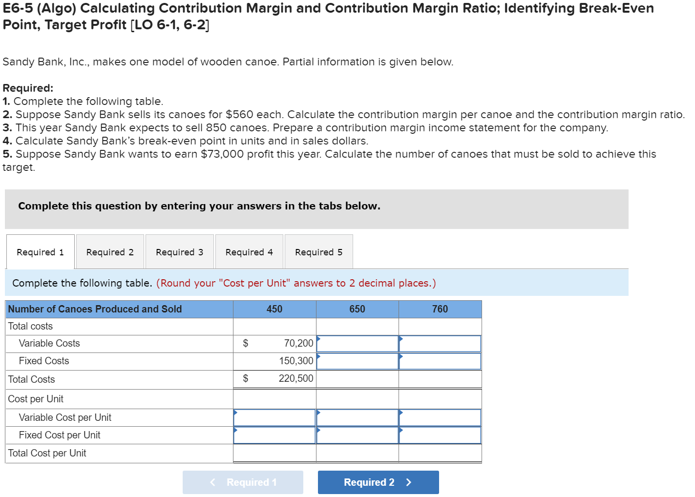  E6-5 (Algo) Calculating Contribution Margin and Contribution Margin Ratio; Identifying Break-Even