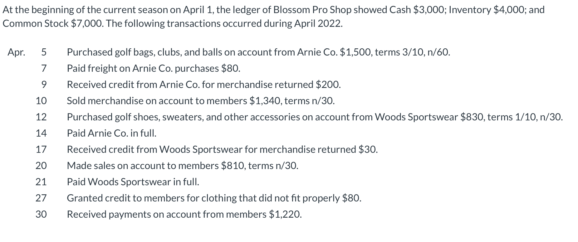 - Journalize the April transactions using a periodic inventory system. - Using