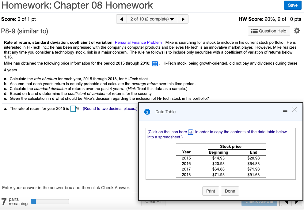  Please answer all parts. Thank you Homework: Chapter 08 Homework Save