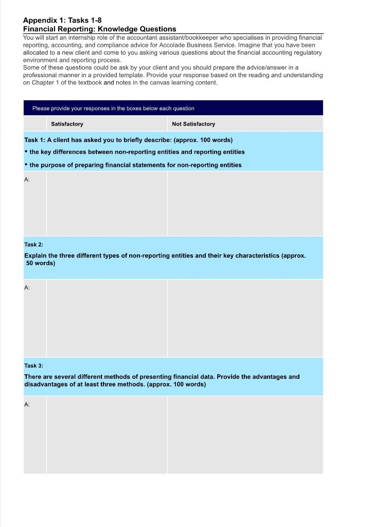  Appendix 1: Tasks 1-8 Financial Reporting: Knowledge Questions You will start