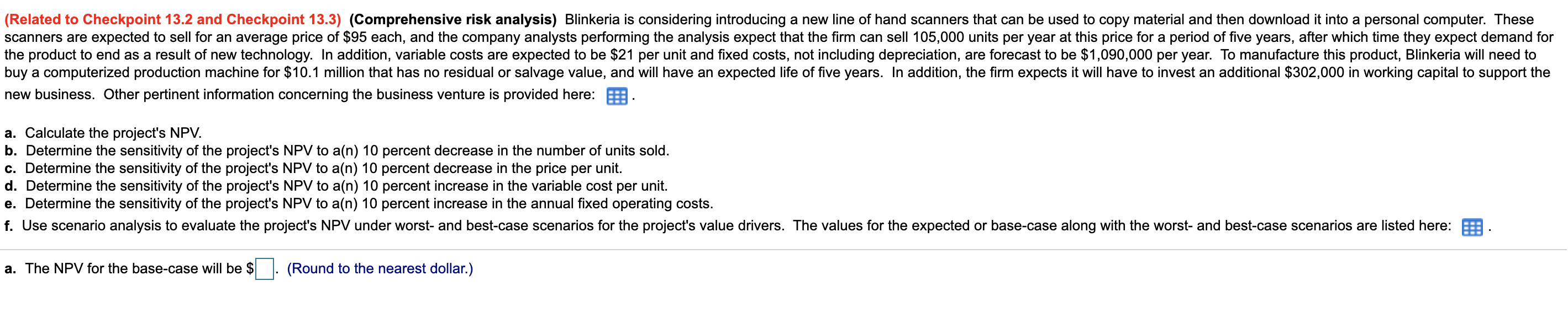 a.The NPV for the base-case will be? (Round to the nearest