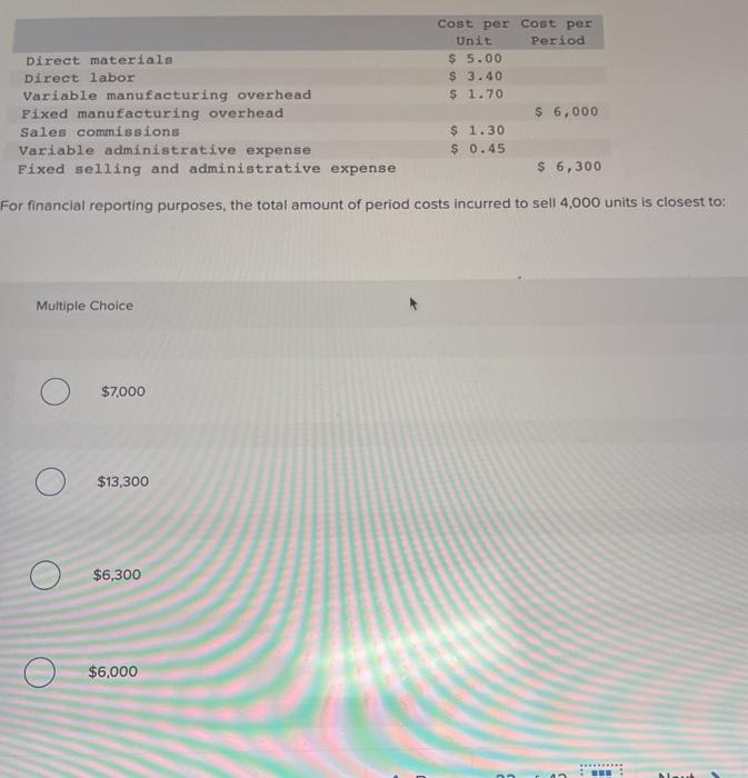  Direct materials Direct labor Variable manufacturing overhead Fixed manufacturing overhead Sales