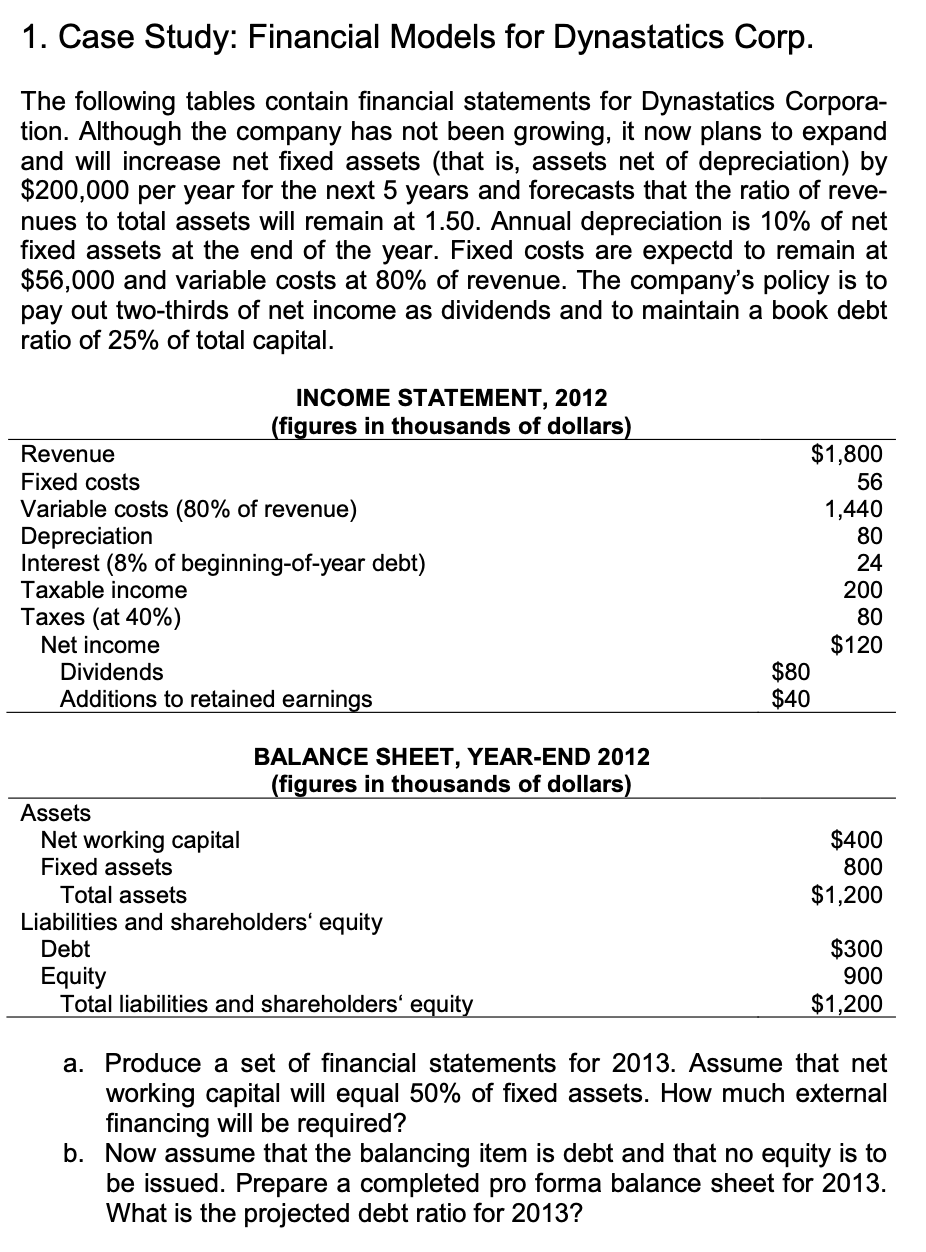  Case Study: Financial Models for Dynastatics Corp. The following tables contain