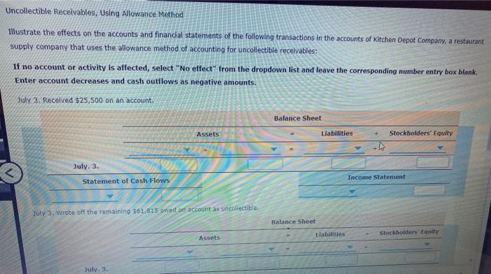  Uncollectible Receivables, Using Allowance Method Illustrate the effects on the accounts