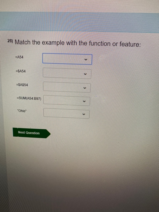  28) Match the example with the function or feature: =A54 =SA54