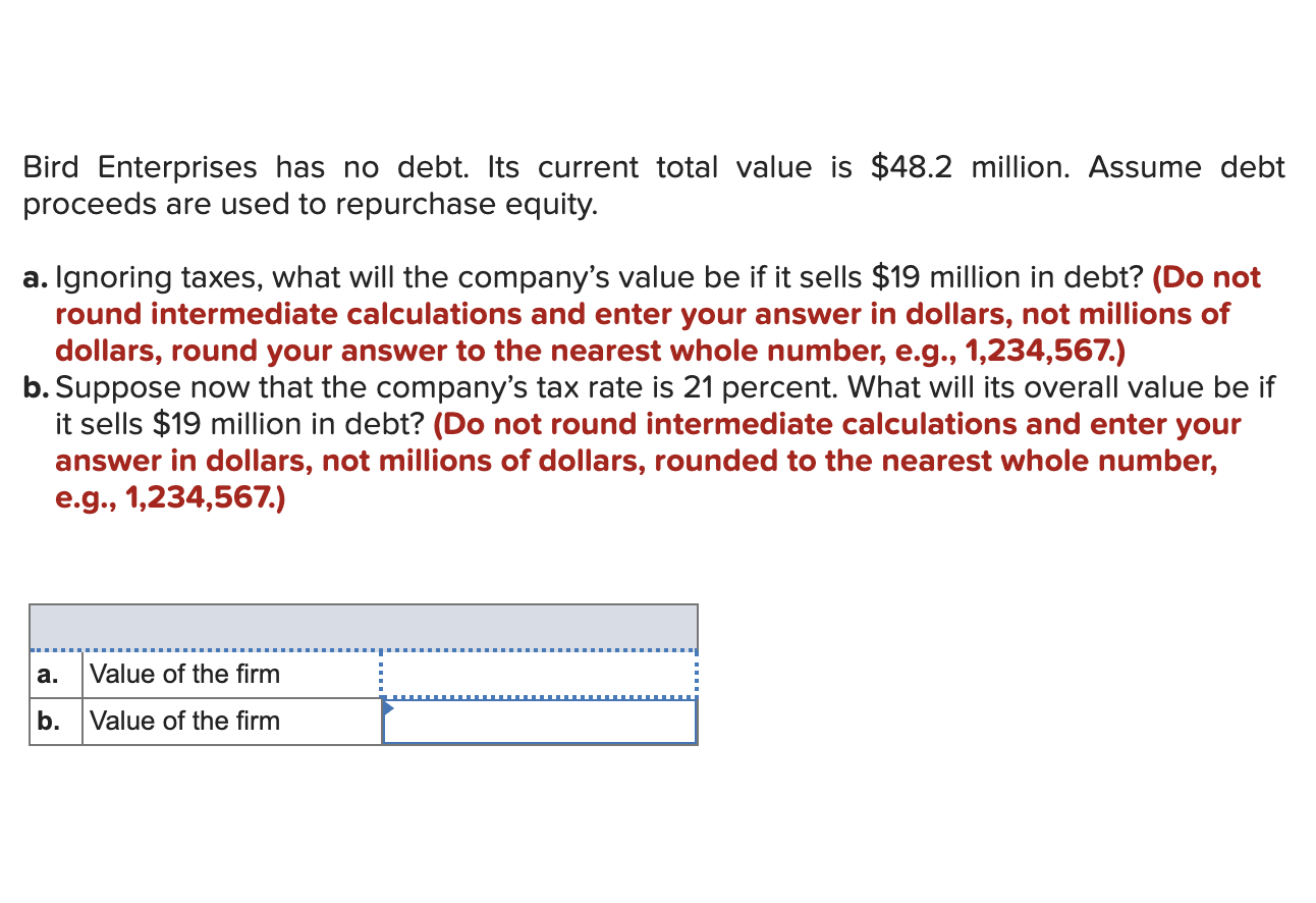  Bird Enterprises has no debt. Its current total value is $48.2
