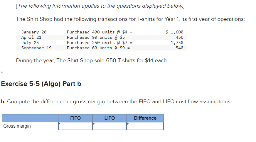 C The following information applies to the questions displayed below.] The Shirt