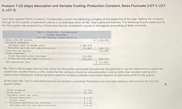  Problem 7-23 (Algo) Absorption and Variable Costing; Production Constant, Sales, Fluctuate