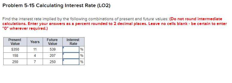 Problem 5-15 Calculating Interest Rate (LO2) Find the interest rate implied