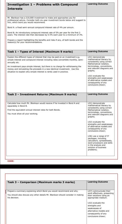 N= 2 Learning Outcome Investigation 1 - Problems with Compound Interests