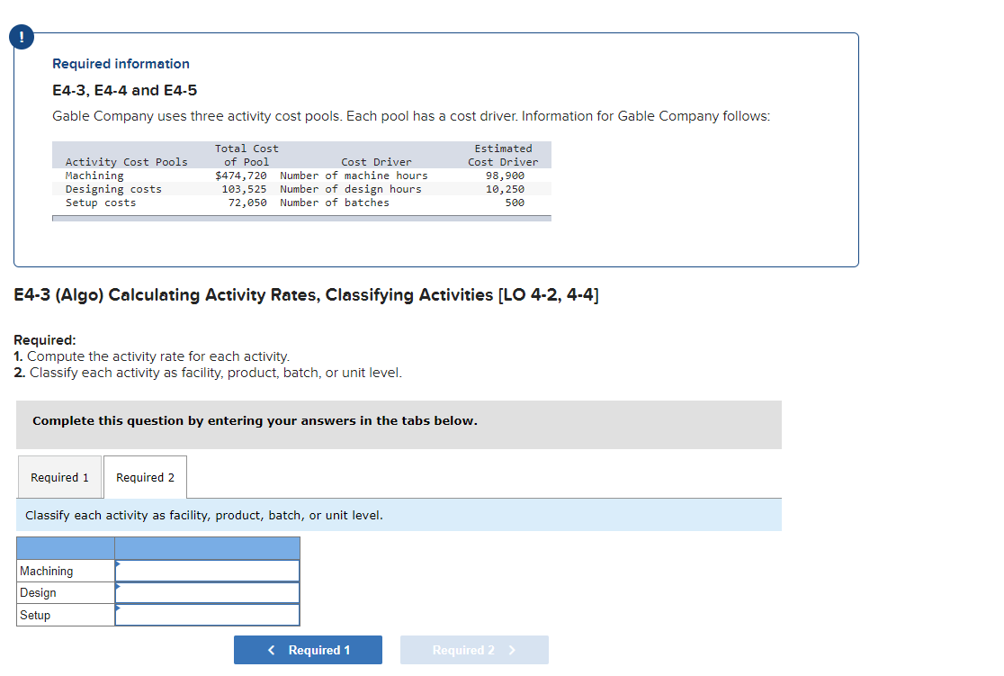 cost pools. Each pool has a cost driver. Information for Gable Company