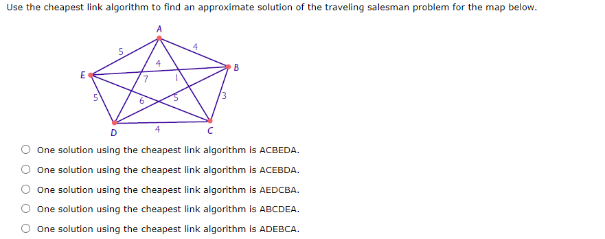 Use the cheapest link algorithm to find an approximate solution of