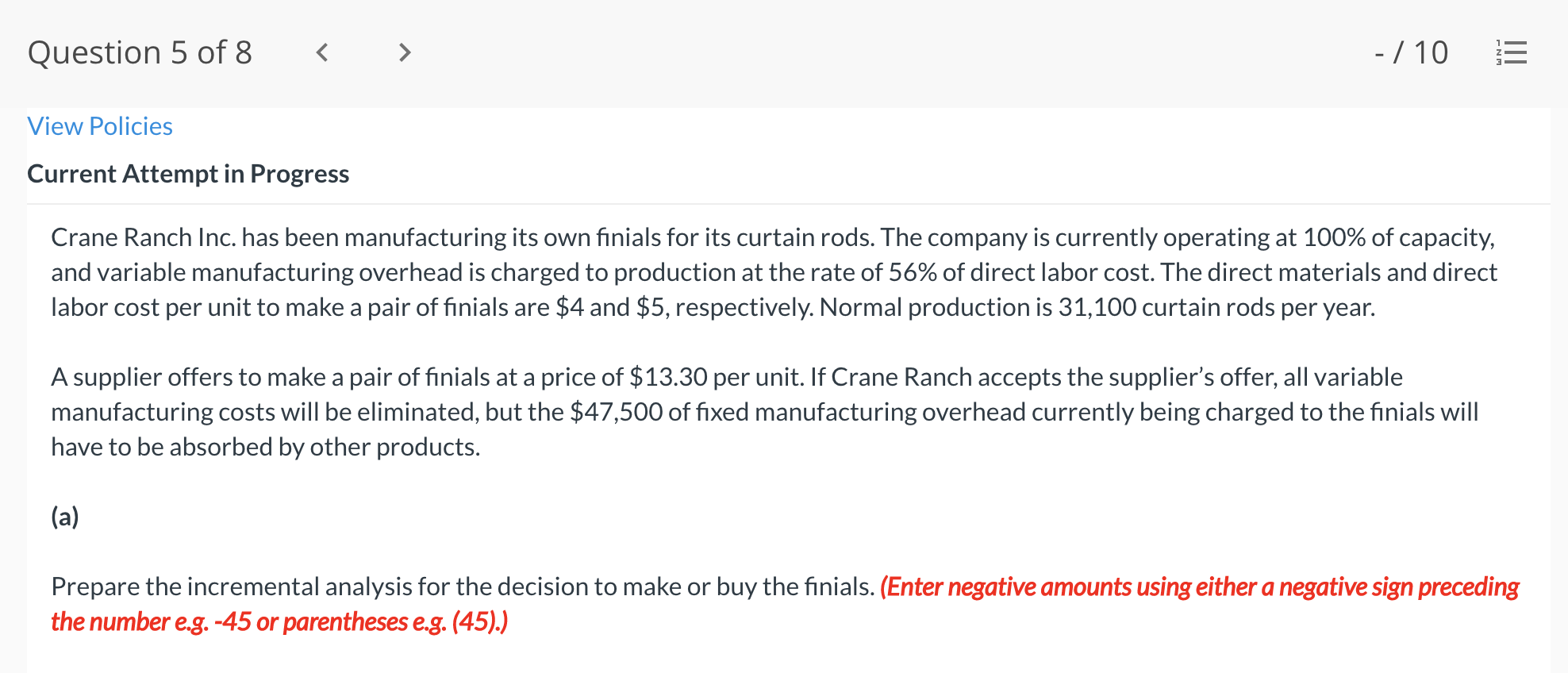 Question 5 of 8 View Policies Current Attempt in Progress - /