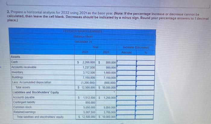  2. Prepare a horizontal analysis for 2022 using 2021 as the