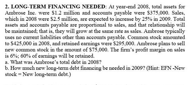 solve this plzz 2. LONG-TERM FINANCING NEEDED: At year-end 2008, total