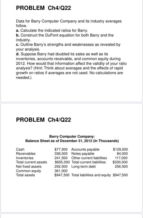  PROBLEM Ch4/Q22 Data for Barry Computer Company and its industry averages