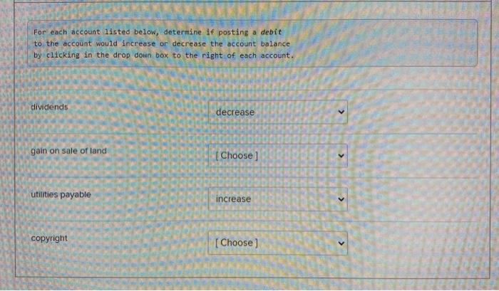  For each account listed below, determine if posting a debit to