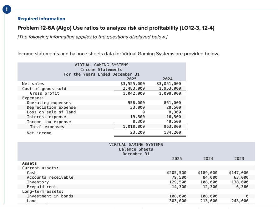  Required information Problem 12-6A (Algo) Use ratios to analyze risk and