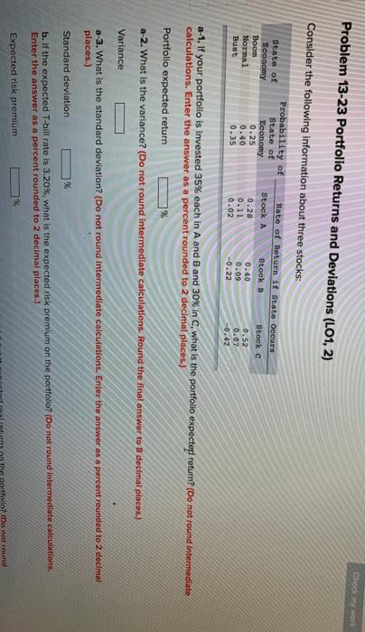  Problem 13-23 Portfolio Returns and Deviations (L01, 2) Consider the following