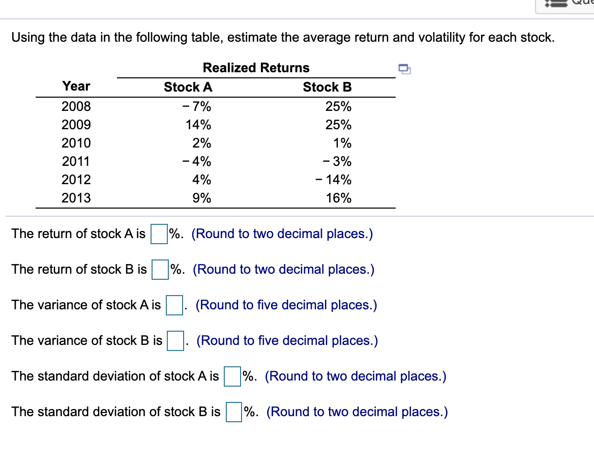 Using the data in the following table, estimate the average return