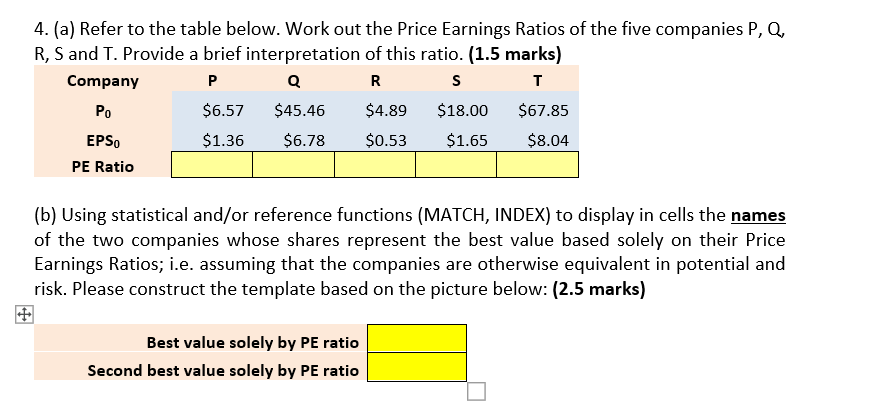 PLEASE USE EXCEL FUNCTIONS ONLY 4. (a) Refer to the table below.