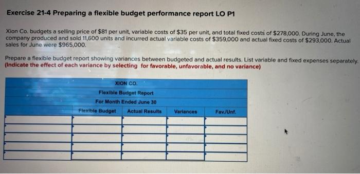  Exercise 21-4 Preparing a flexible budget performance report LO P1 Xion