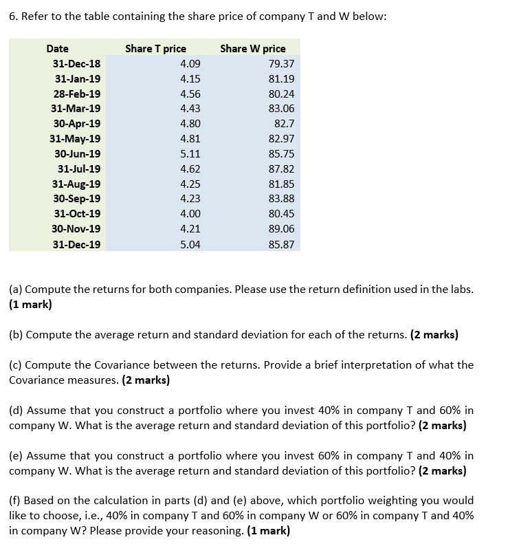 PLEASE USE EXCEL FUNCTIONS ONLY, TQ 6. Refer to the table containing