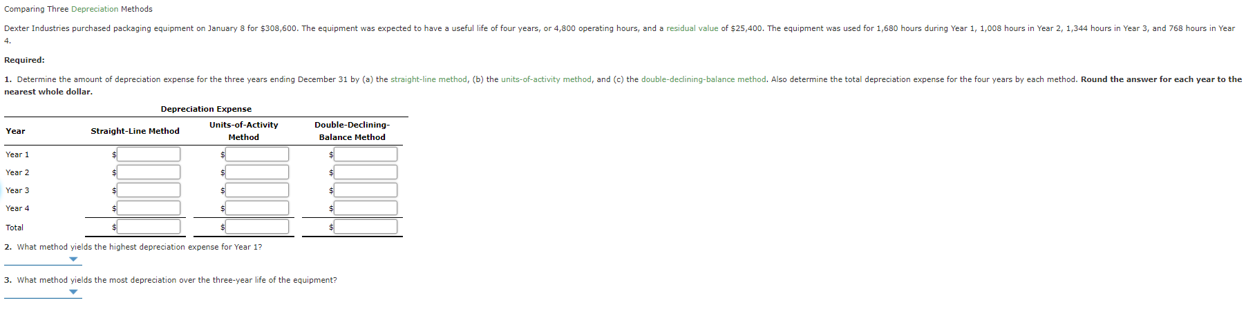  Comparing Three Depreciation Methods Dexter Industries purchased packaging equipment on January
