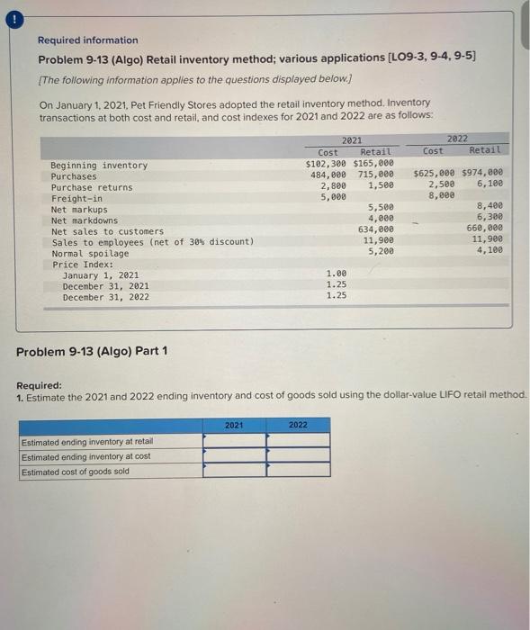  Required information Problem 9-13 (Algo) Retail inventory method; various applications (LO9-3,