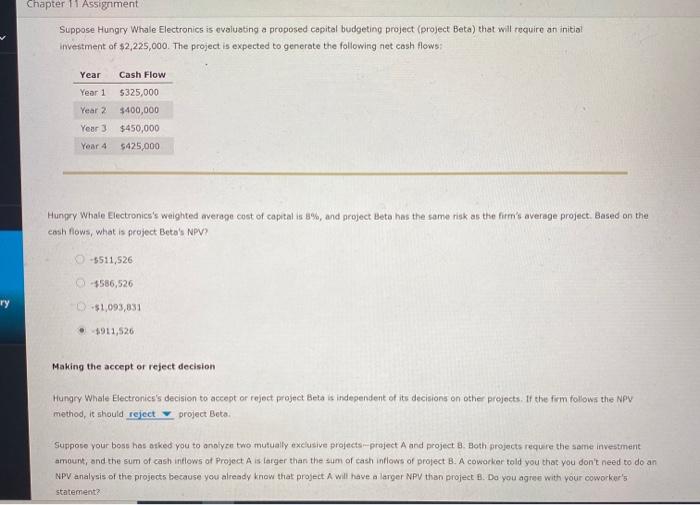  Chapter 11 Assignment Suppose Hungry Whale Electronics is evaluating a proposed