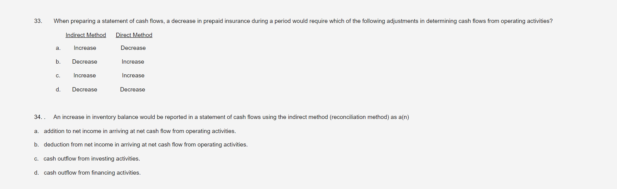  33. When preparing a statement of cash flows, a decrease in