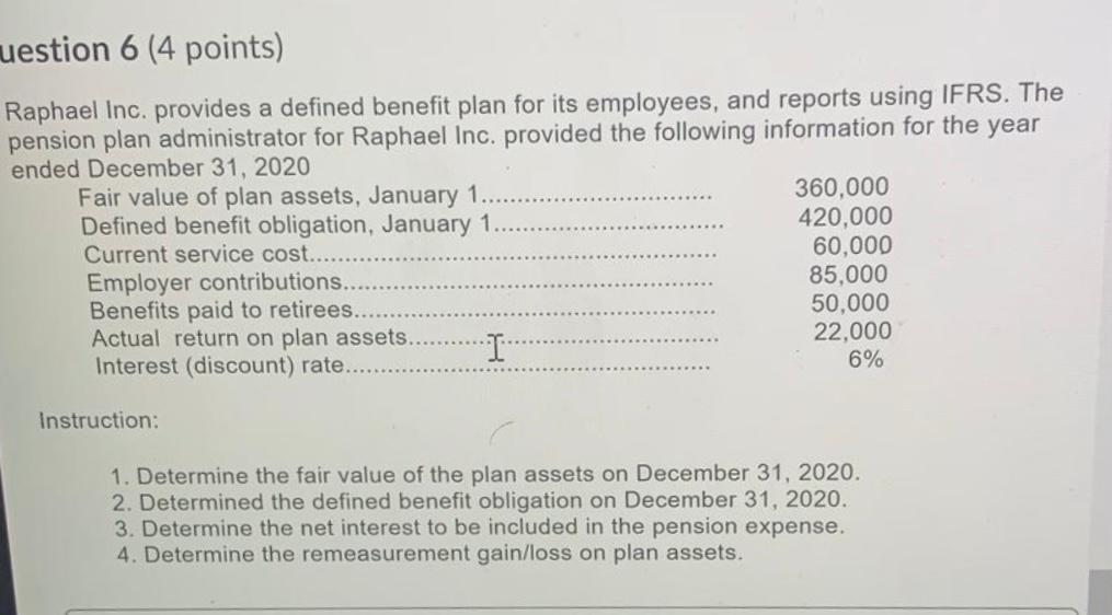 uestion 6 (4 points) Raphael Inc, provides a defined benefit plan