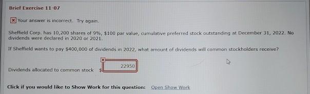  Brief Exercise 11-07 x Your answer is incorrect. Try again Sheffield