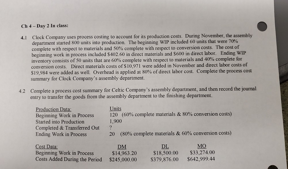  Ch 4 - Day 2 In class: 4.1 Clock Company uses