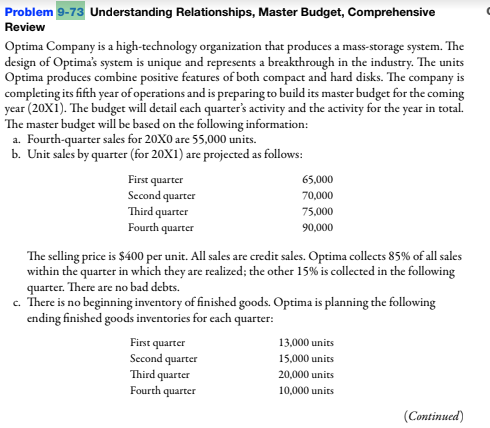 having issues with 9,10,11 Problem 9-73 Understanding Relationships, Master Budget, Comprehensive Review